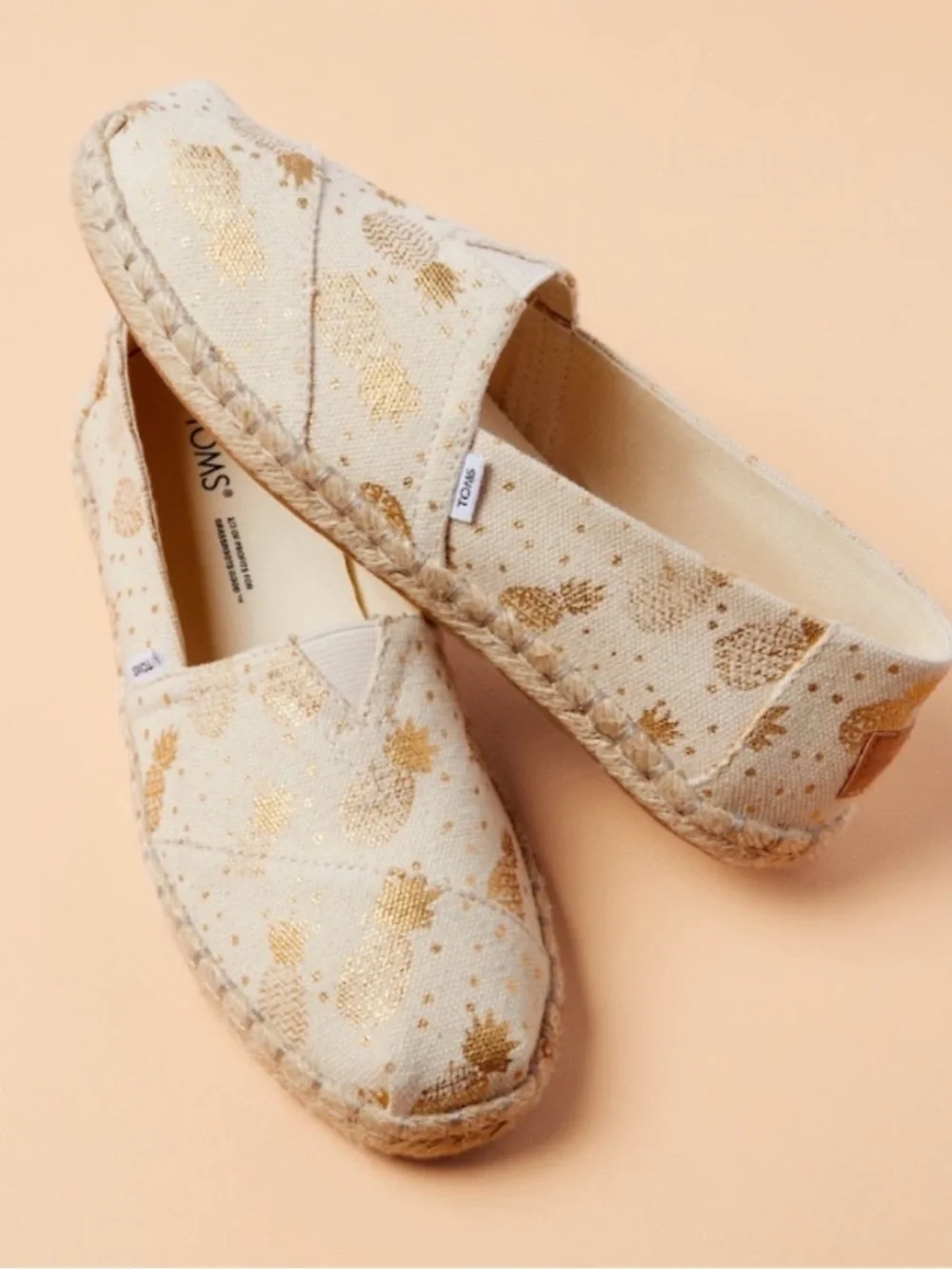 TOMS Cream Espadrille Slip-Ons with Metallic Gold Pineapple Motif
